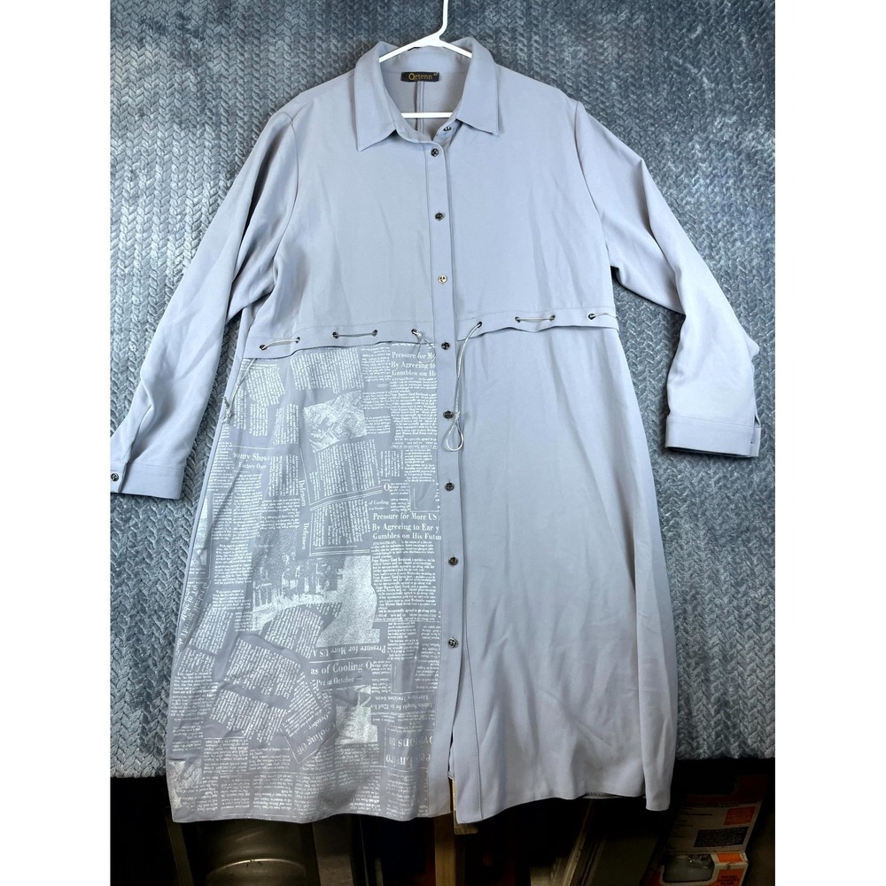 Qetenn Long Line Shirt Dress Womens 54 Gray Printed Drawstring Waist Button Up